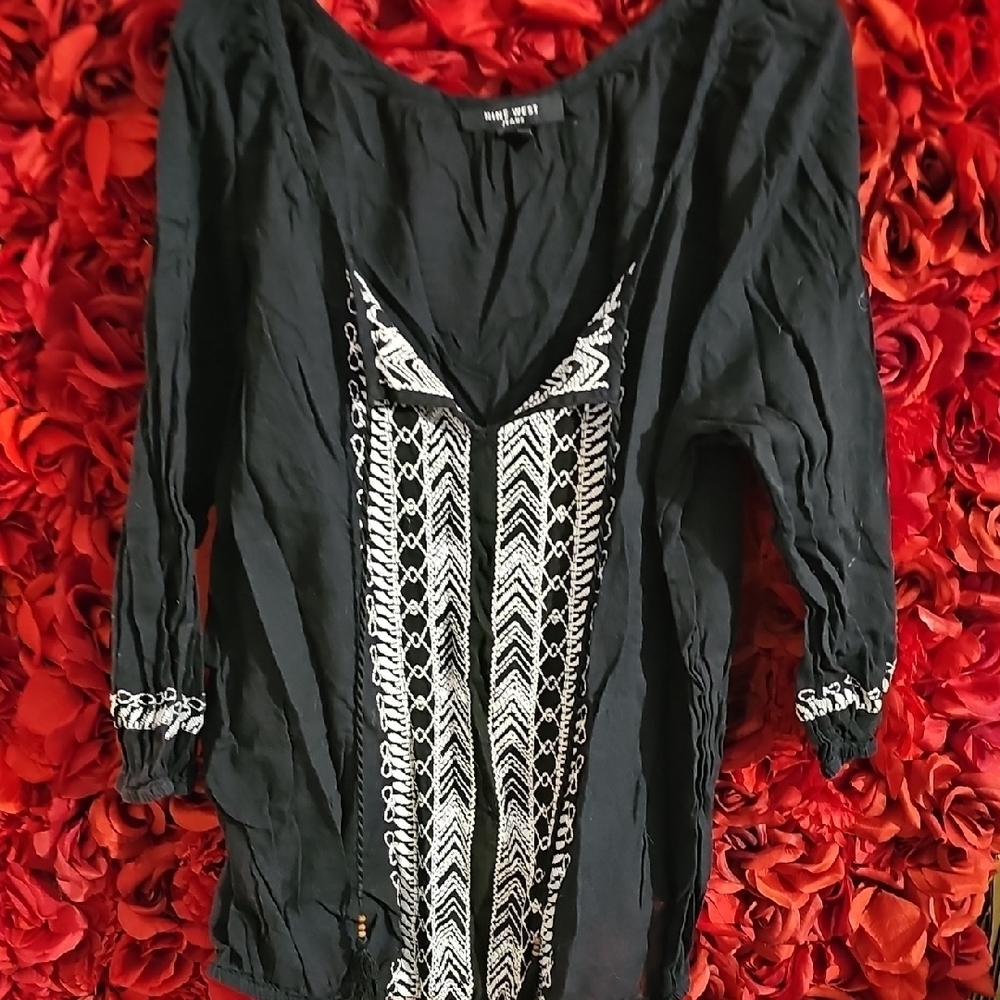Nine West Women's Black and White Women's Bohemian Top Elastic Waist Size Large